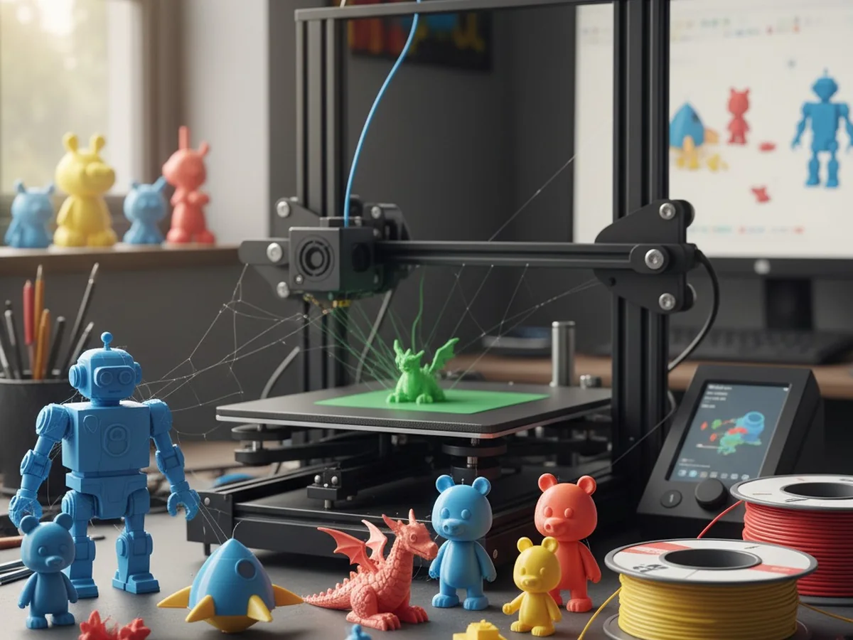Figura personalizada junto a una impresora 3D en el taller